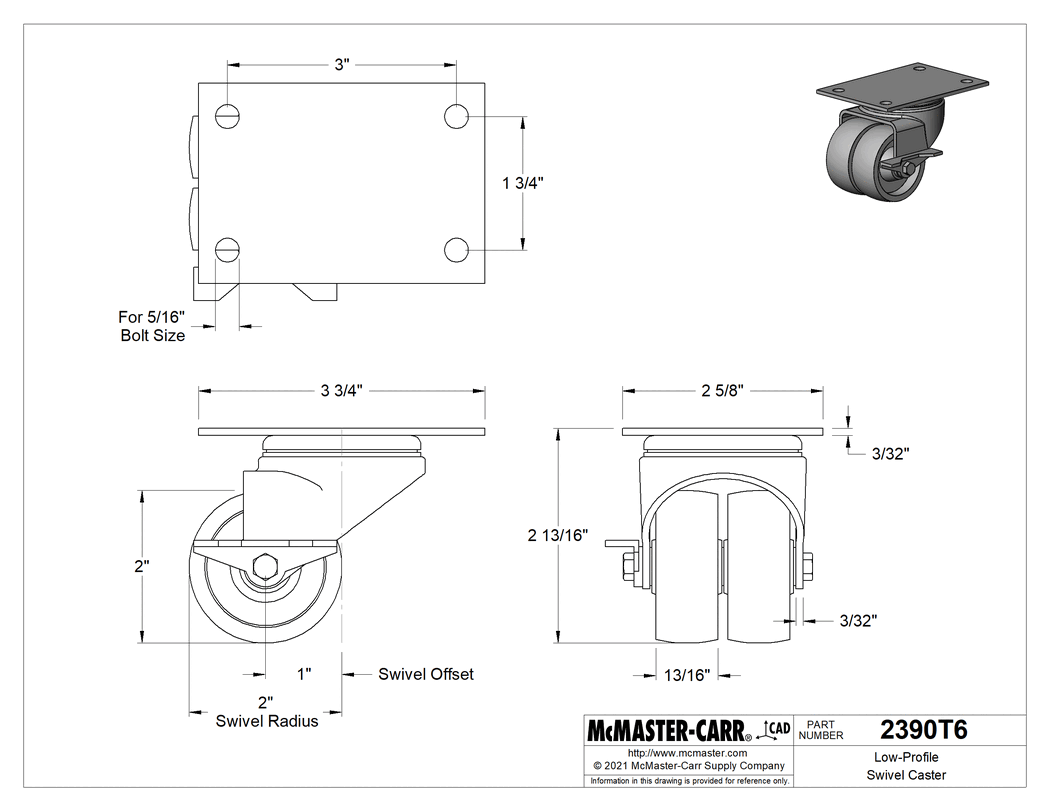 Technical Drawing of Low-Profile Swivel Caster, with Brake and 2" Diameter Rubber Wheel.